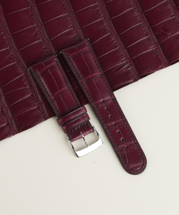 Curved End Burgundy Alligator Lining Black Swift Leather Watch Strap