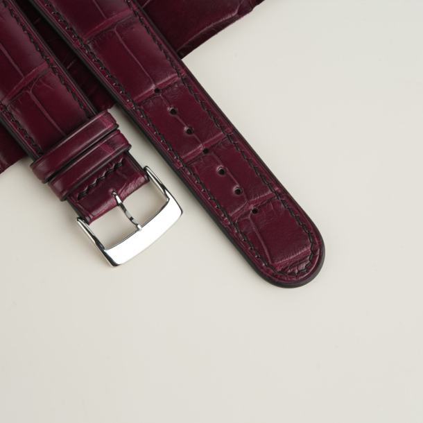 Curved End Burgundy Alligator Lining Black Swift Leather Watch Strap