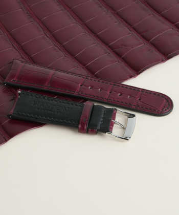 Curved End Burgundy Alligator Lining Black Swift Leather Watch Strap