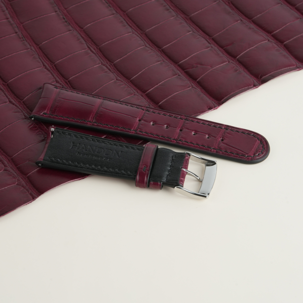 Curved End Burgundy Alligator Lining Black Swift Leather Watch Strap