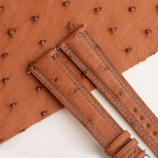 Brown Ostrich Lining Pearl White Epsom Leather Folded Edge Watch Strap