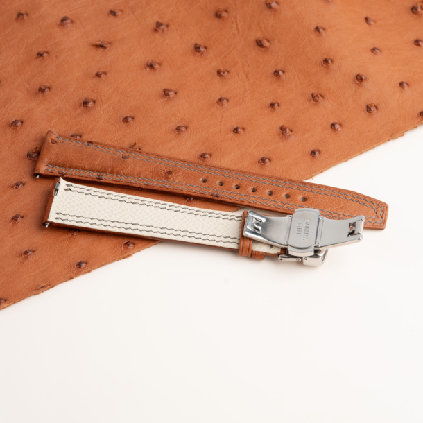 Brown Ostrich Lining Pearl White Epsom Leather Folded Edge Watch Strap