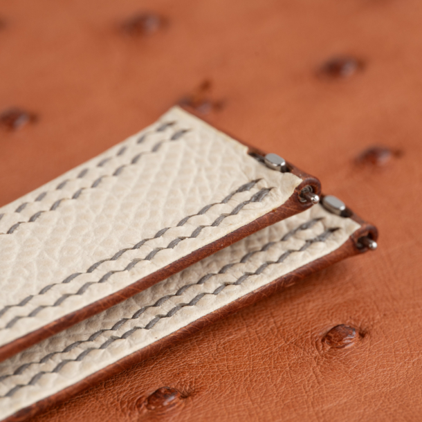 Brown Ostrich Lining Pearl White Epsom Leather Folded Edge Watch Strap