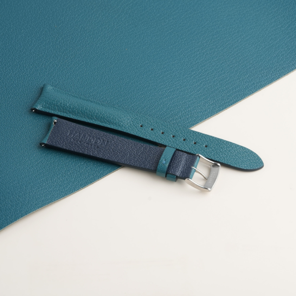 Curved End Aqua Blue Alran Sully Lining Navy Alran Sully Leather Watch Strap
