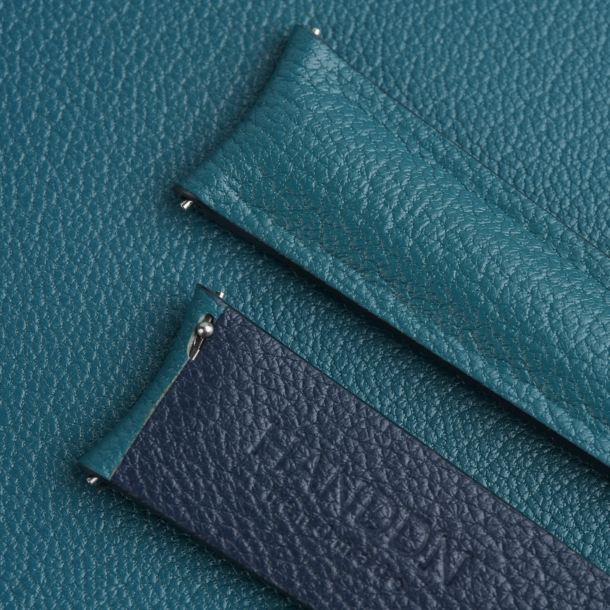 Curved End Aqua Blue Alran Sully Lining Navy Alran Sully Leather Watch Strap