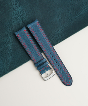 Curved End Double Stitching Dark Aqua Blue Waxed Leather Watch Strap