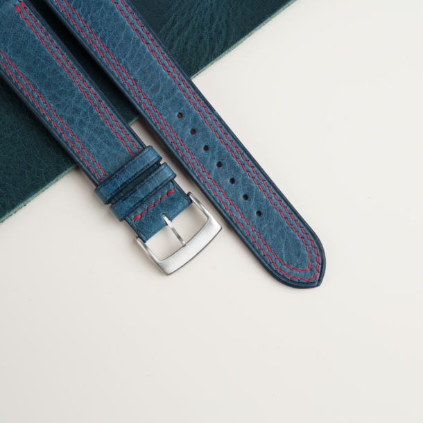 Curved End Double Stitching Dark Aqua Blue Waxed Leather Watch Strap
