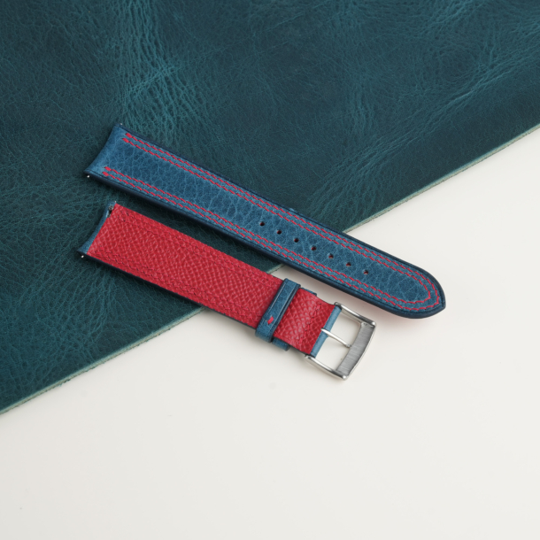 Curved End Double Stitching Dark Aqua Blue Waxed Leather Watch Strap