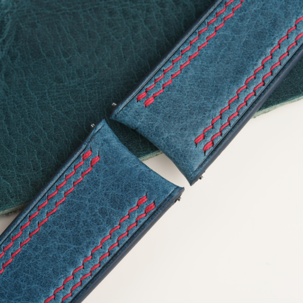 Curved End Double Stitching Dark Aqua Blue Waxed Leather Watch Strap
