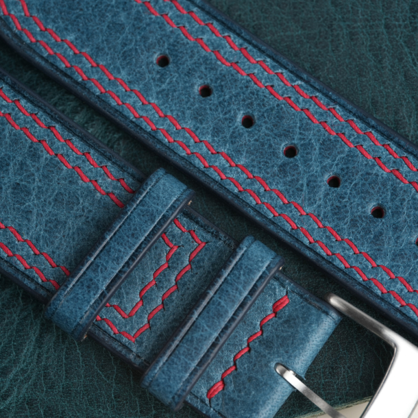 Curved End Double Stitching Dark Aqua Blue Waxed Leather Watch Strap