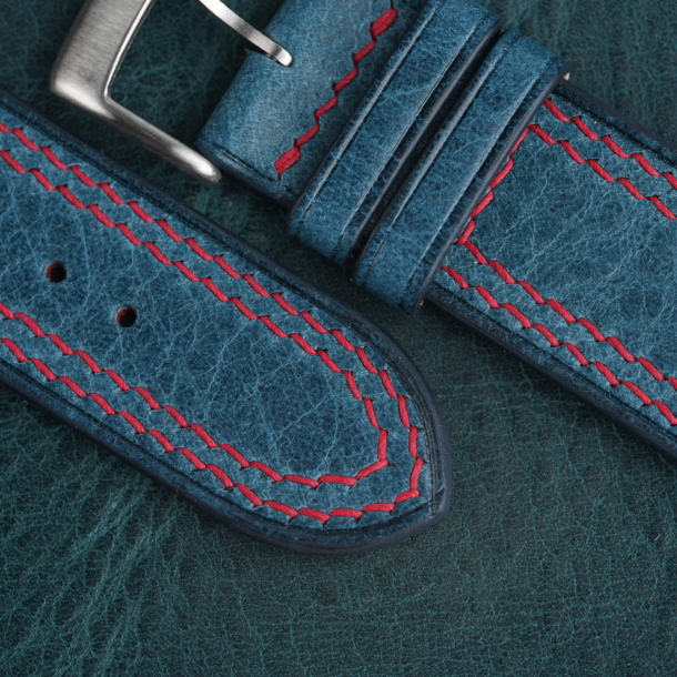 Curved End Double Stitching Dark Aqua Blue Waxed Leather Watch Strap