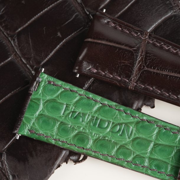 Dark Brown Alligator Lining Light Green Alligator Leather Folded Edge Watch Strap