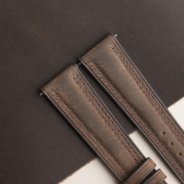 Double Stitch Rustic Crazy Horse Lining Brown Sully Leather Watch Strap