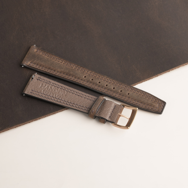 Double Stitch Rustic Crazy Horse Lining Brown Sully Leather Watch Strap