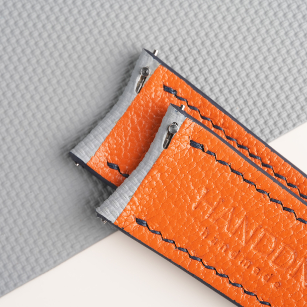 Curved End Light Grey Sailcloth Rubber Lining Orange Sully Watch Strap