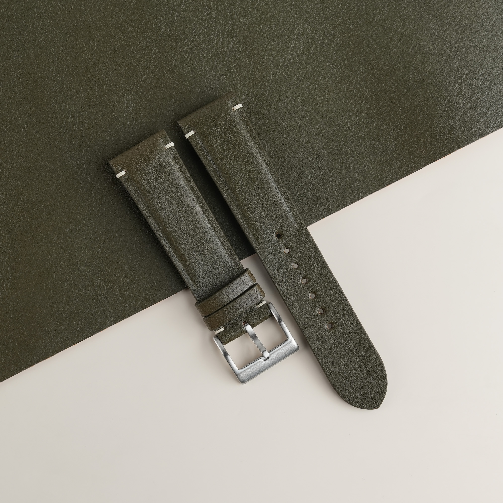 Padded Olive Vachetta Lining Black Swift Leather Fixed Bars Watch Strap 1 Padded Olive Vachetta Lining Black Swift Leather Fixed Bars Watch Strap