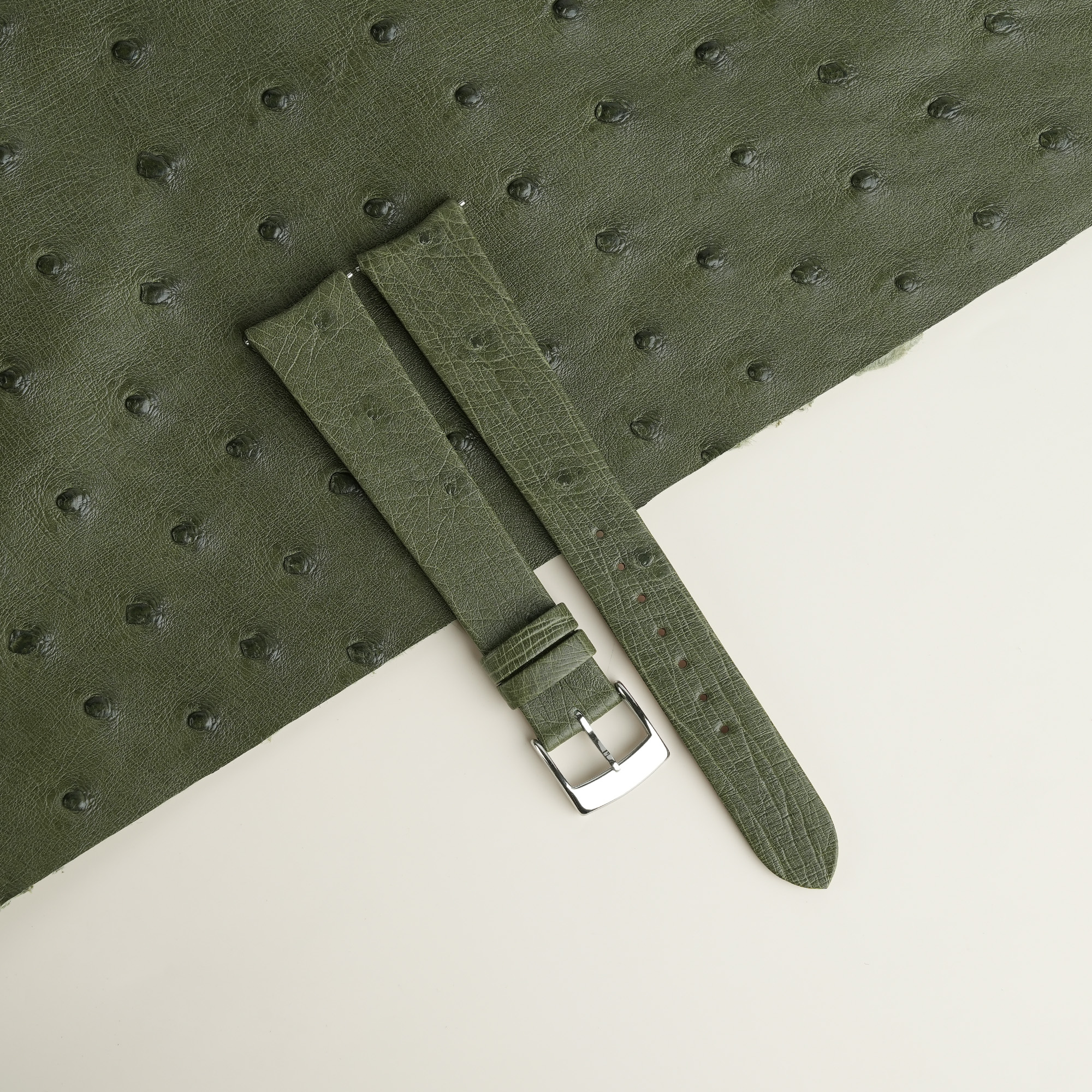 Curved End Green Ostrich Lining Leather Folded Edge Watch Strap 1 Curved End Green Ostrich Lining Leather Folded Edge Watch Strap