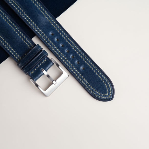 Padded Dark Blue Shell Cordovan Lining Olive Epsom Leather Watch Strap
