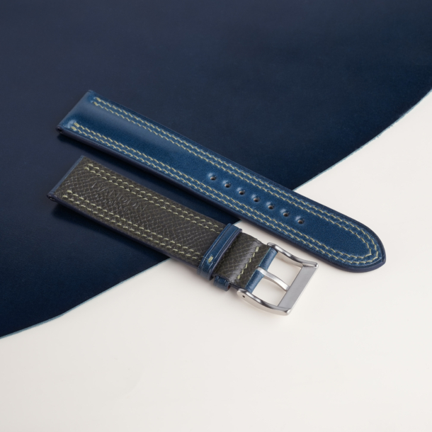 Padded Dark Blue Shell Cordovan Lining Olive Epsom Leather Watch Strap