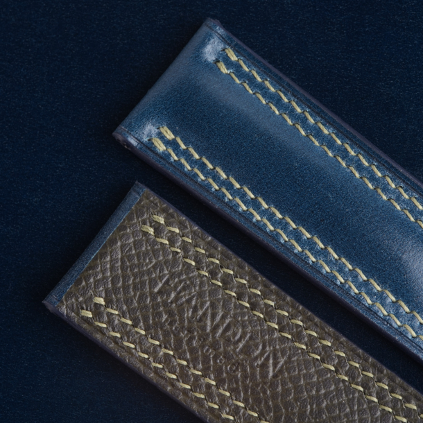 Padded Dark Blue Shell Cordovan Lining Olive Epsom Leather Watch Strap