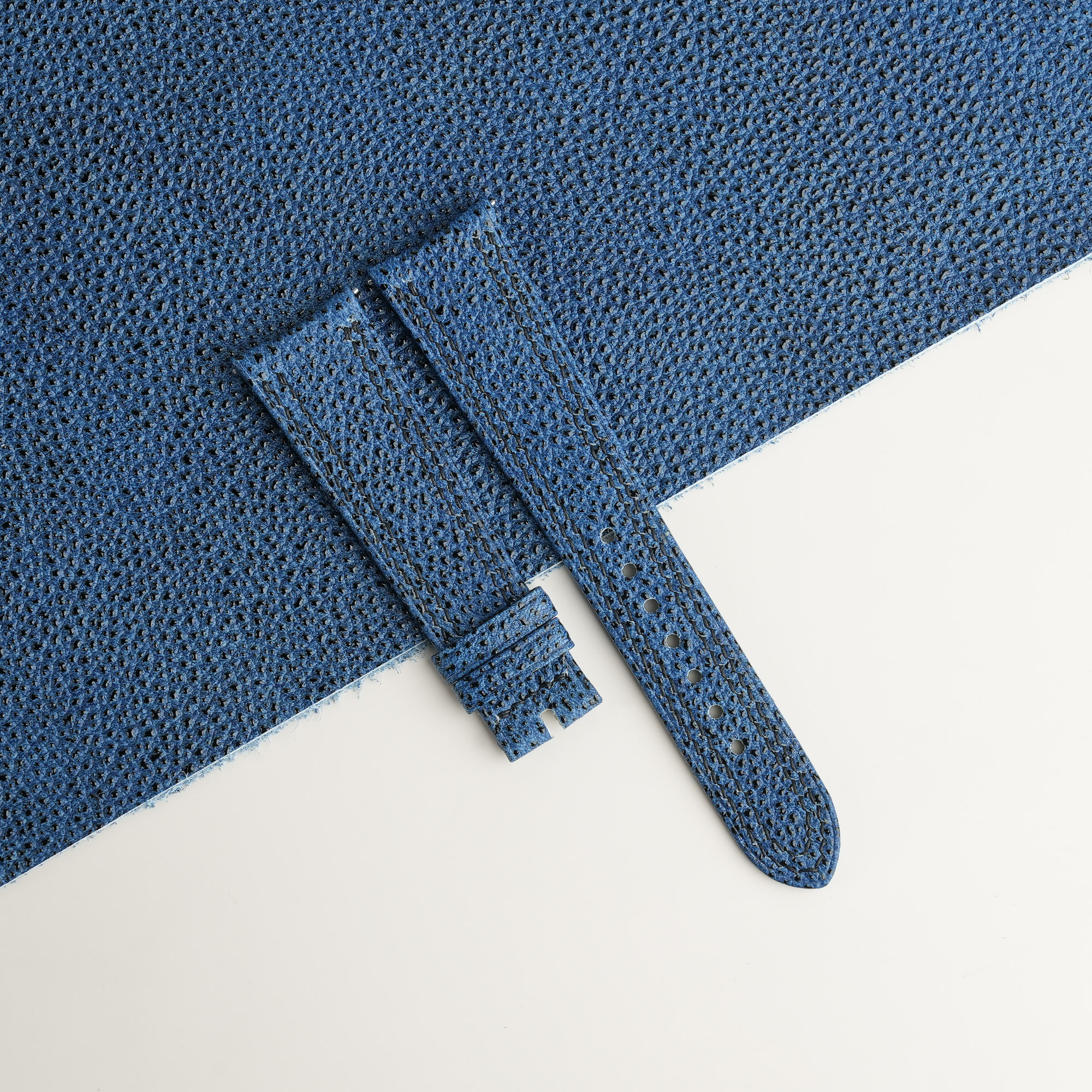 Curved End Navy Black Diamond Lining Black Swift Leather Folded Edge Watch Strap 1 Curved End Navy Black Diamond Lining Black Swift Leather Folded Edge Watch Strap