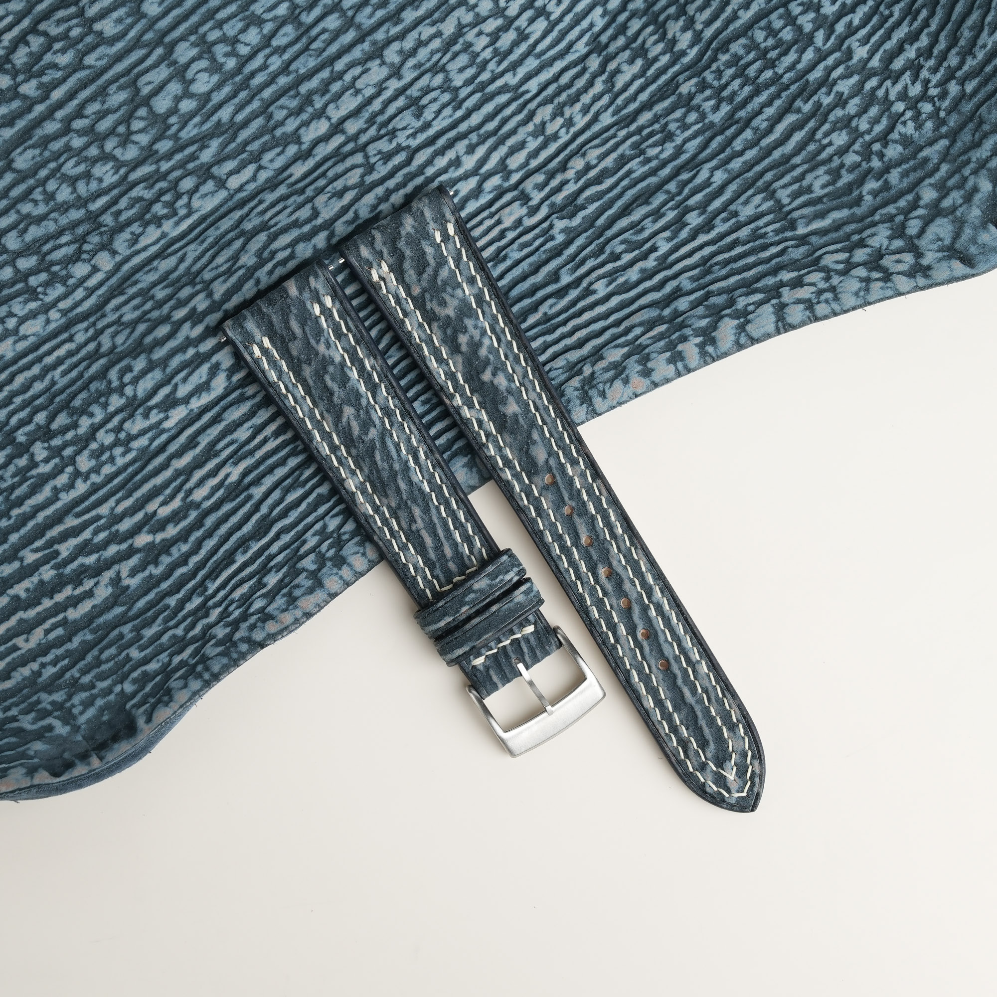 Padded Jean Blue Shark Leather Lining Beige Rubber Watch Strap 1 Padded Jean Blue Shark Leather Lining Beige Rubber Watch Strap