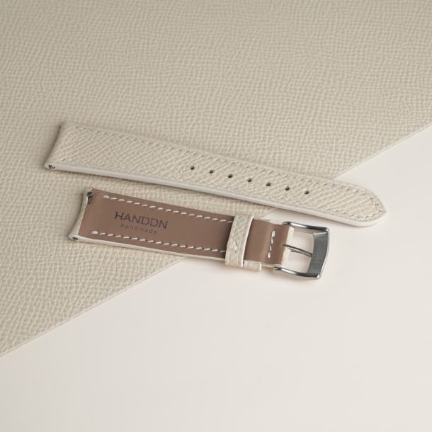 Curved End Pearl White Epsom Lining Dark Beige Rubber Watch Strap