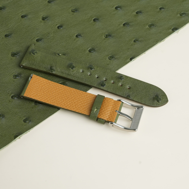 Padded Green Ostrich Lining Sesame Epsom Leather Watch Strap