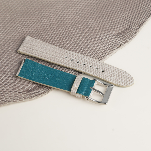 Padded Light Grey Lizard Lining Aqua Blue Alran Sully Leather Watch Strap