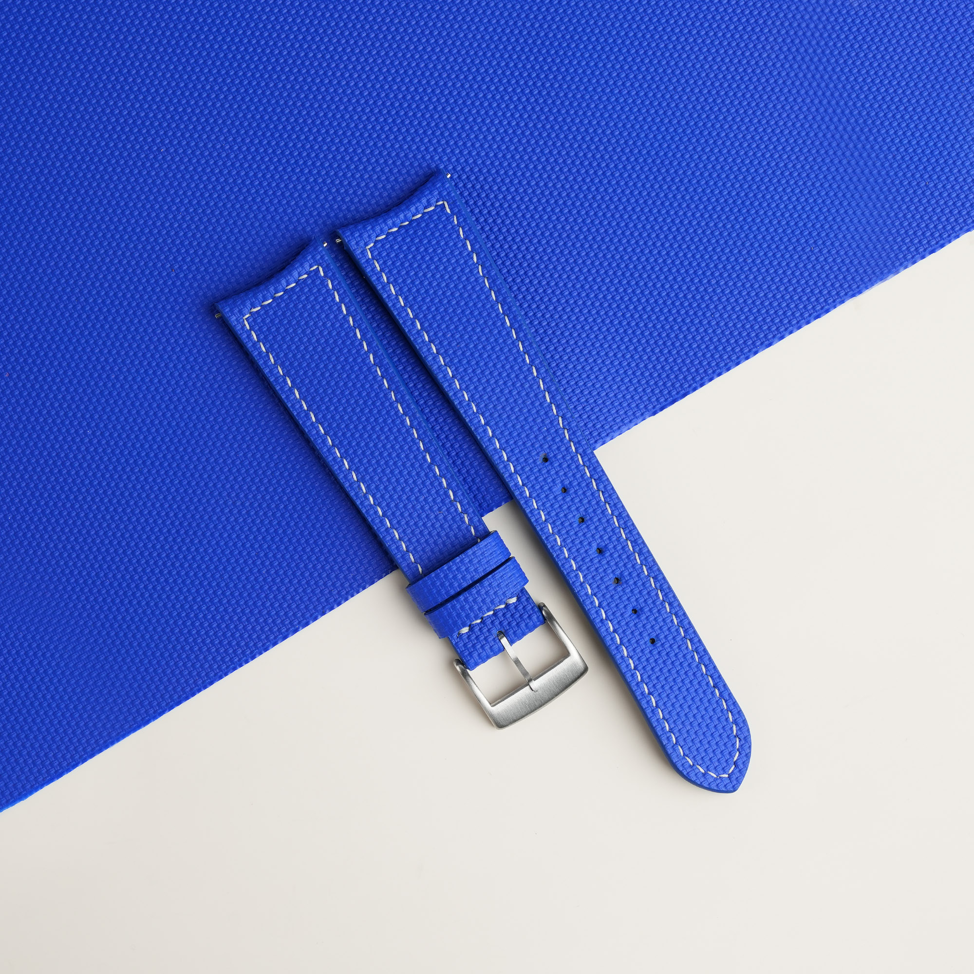 Curved End Blue Sailcloth Rubber Lining Black Rubber Watch Strap 1 Curved End Blue Sailcloth Rubber Lining Black Rubber Watch Strap