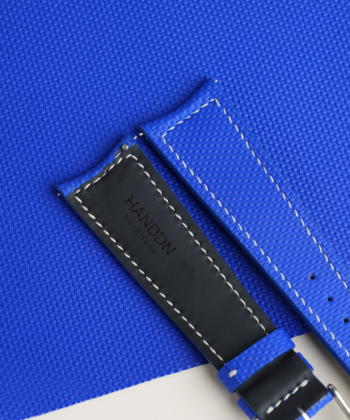 Curved End Blue Sailcloth Rubber Lining Black Rubber Watch Strap
