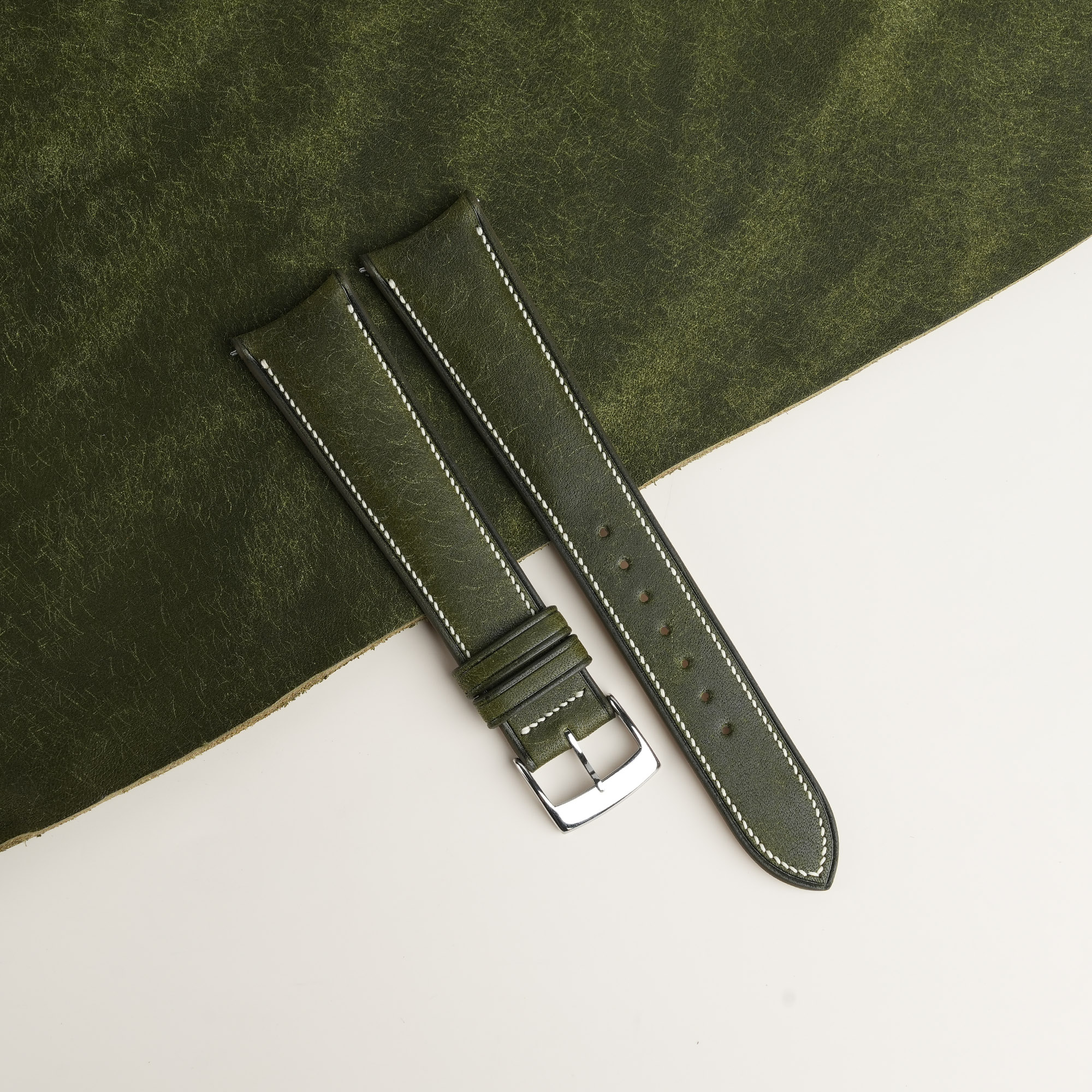 Micro Stitch Curved End Padded Dark Olive Pueblo Leather Watch Strap 1 Micro Stitch Curved End Padded Dark Olive Pueblo Leather Watch Strap