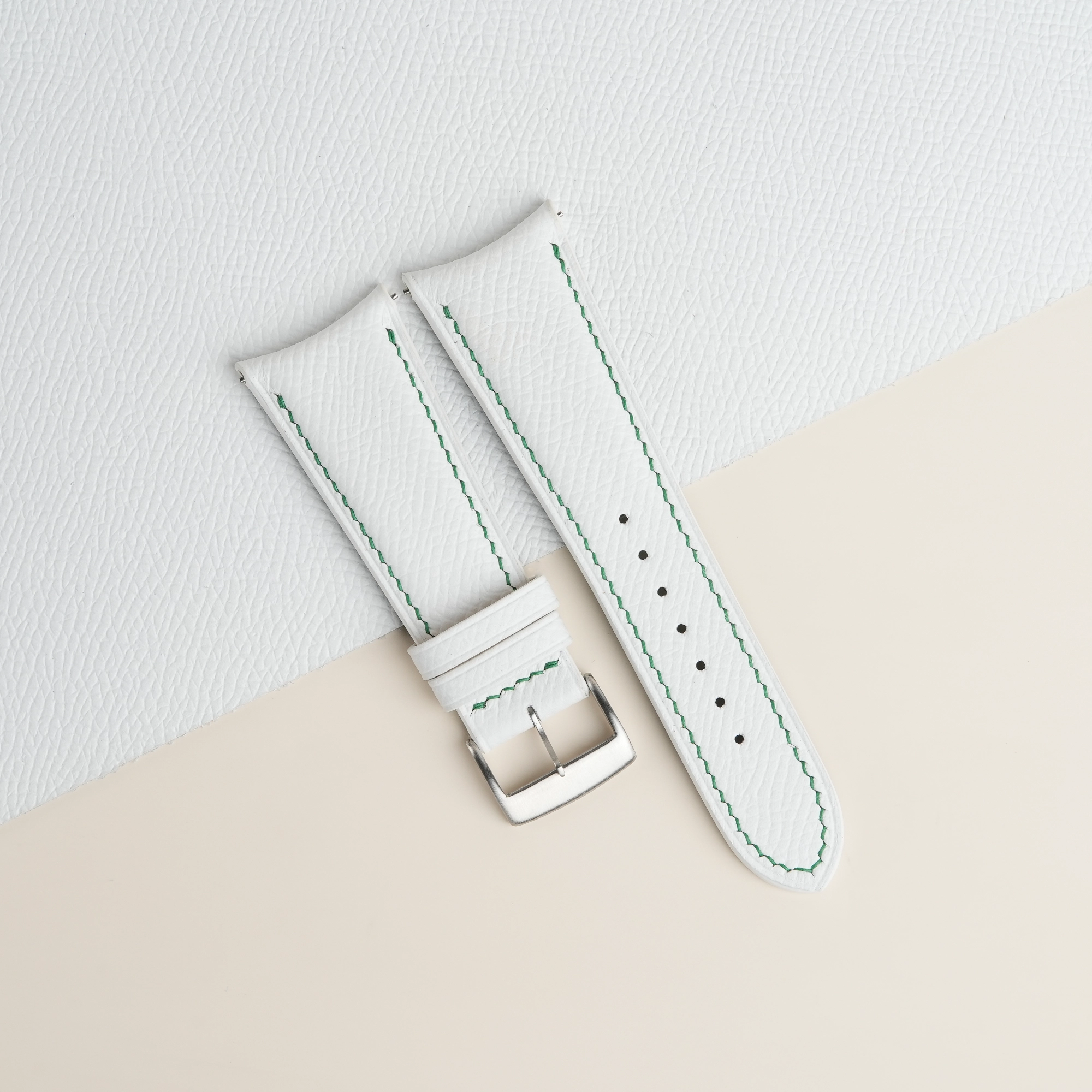 Curved End White Epsom Lining Forest Epsom Leather Watch Strap 1 Curved End White Epsom Lining Forest Epsom Leather Watch Strap